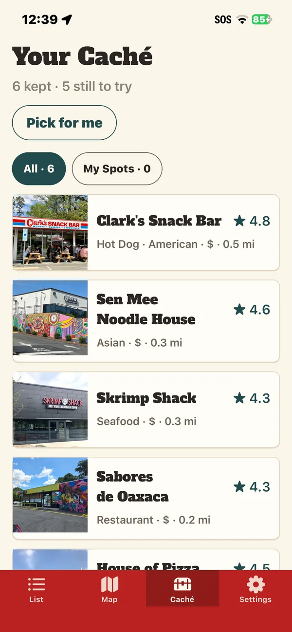 A saved Caché of six places, with Pick for me above them