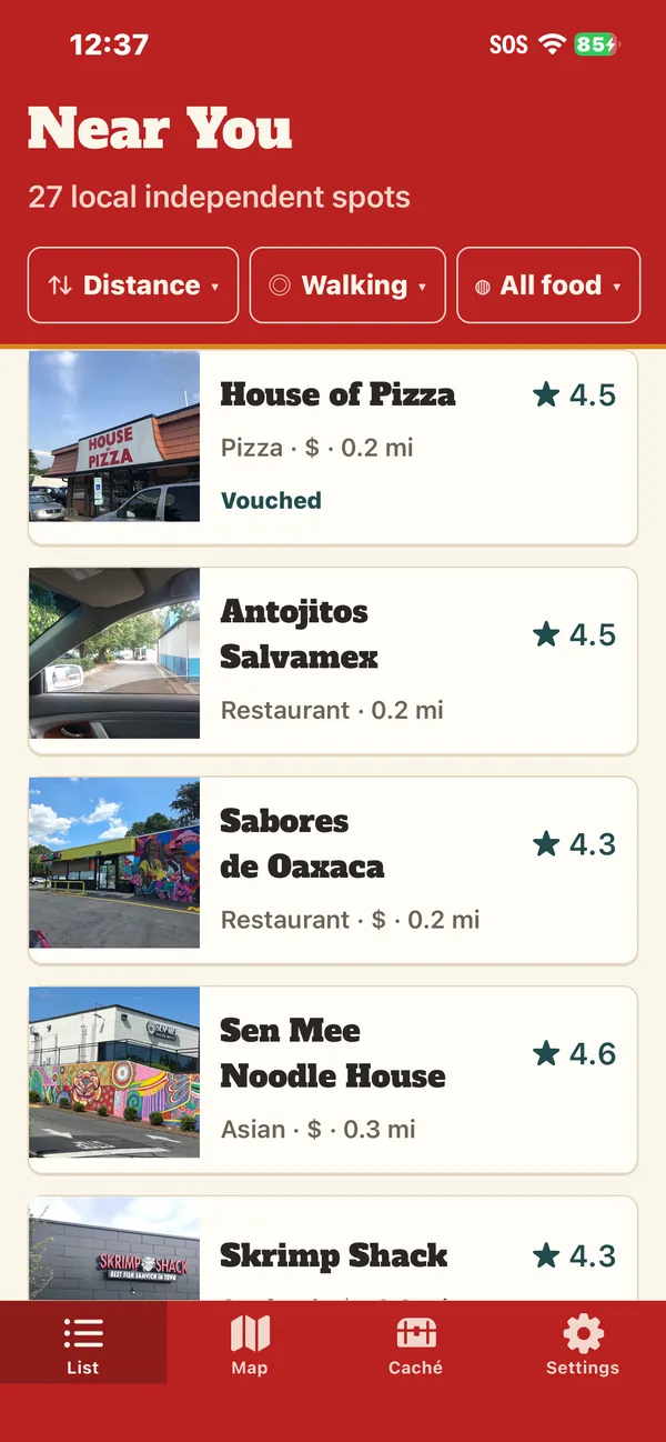 The list, showing local spots ranked by distance with vouch counts