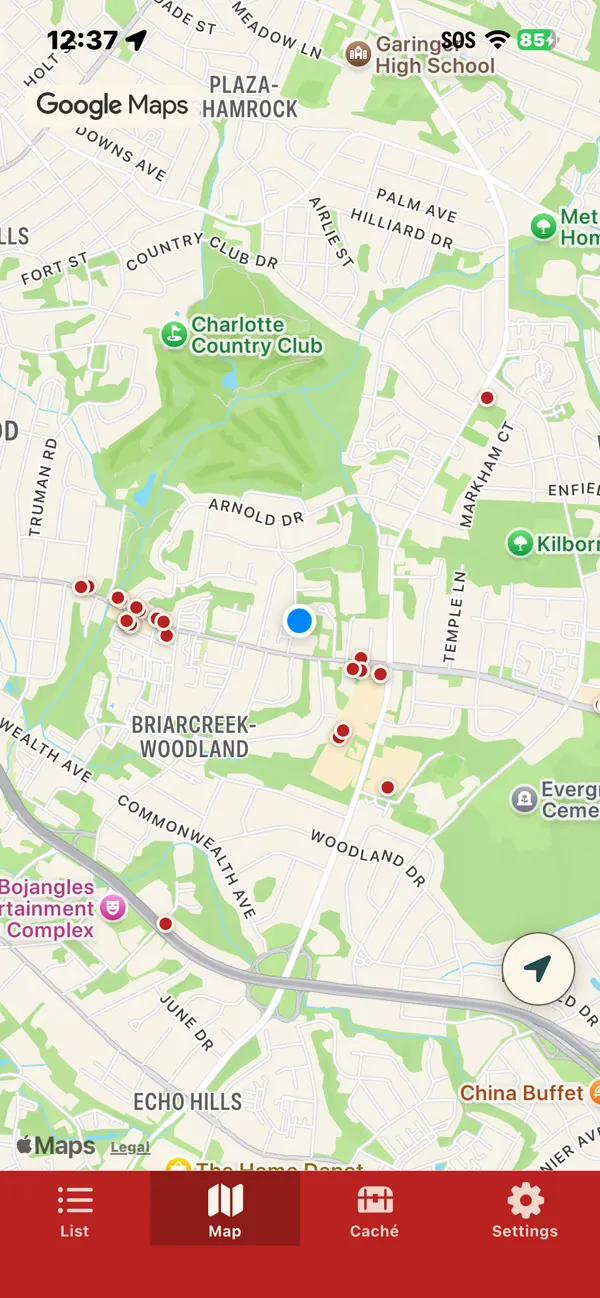 The map, pins on independent restaurants in east Charlotte