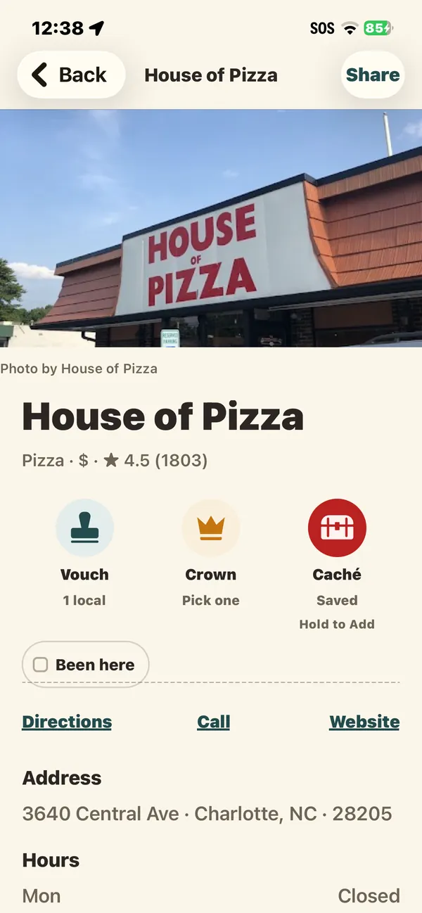 House of Pizza, with Vouch, Crown and Caché actions and its address